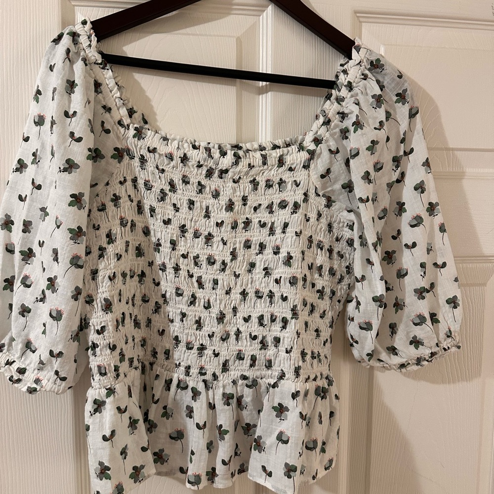 LOFT White Floral Smocked Blouse